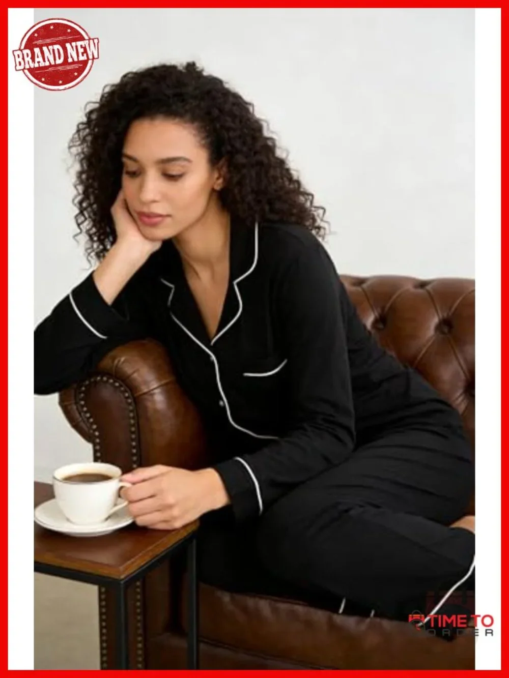 Long Sleeve Cotton Blend Pajama Set with Pockets Button-Up Sleepwear